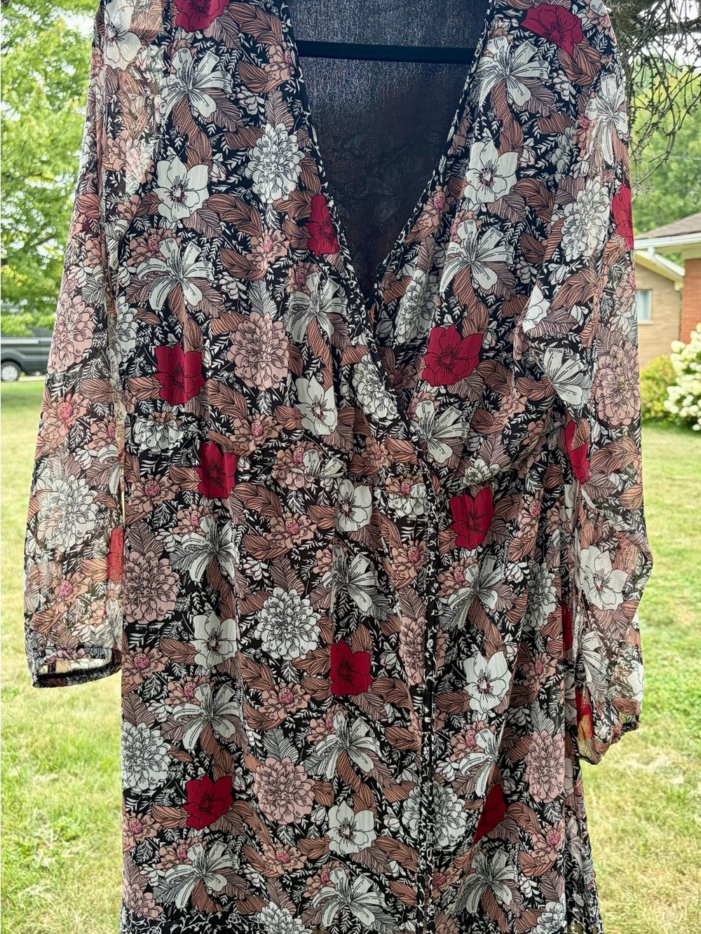 Maurices Black Floral Wrap Top with Red & Cream Flowers